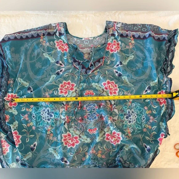 Johnny Was Teal Blue Floral & Birds Lightweight Cotton Ruffle Trim Cover-Up - Picture 11 of 12